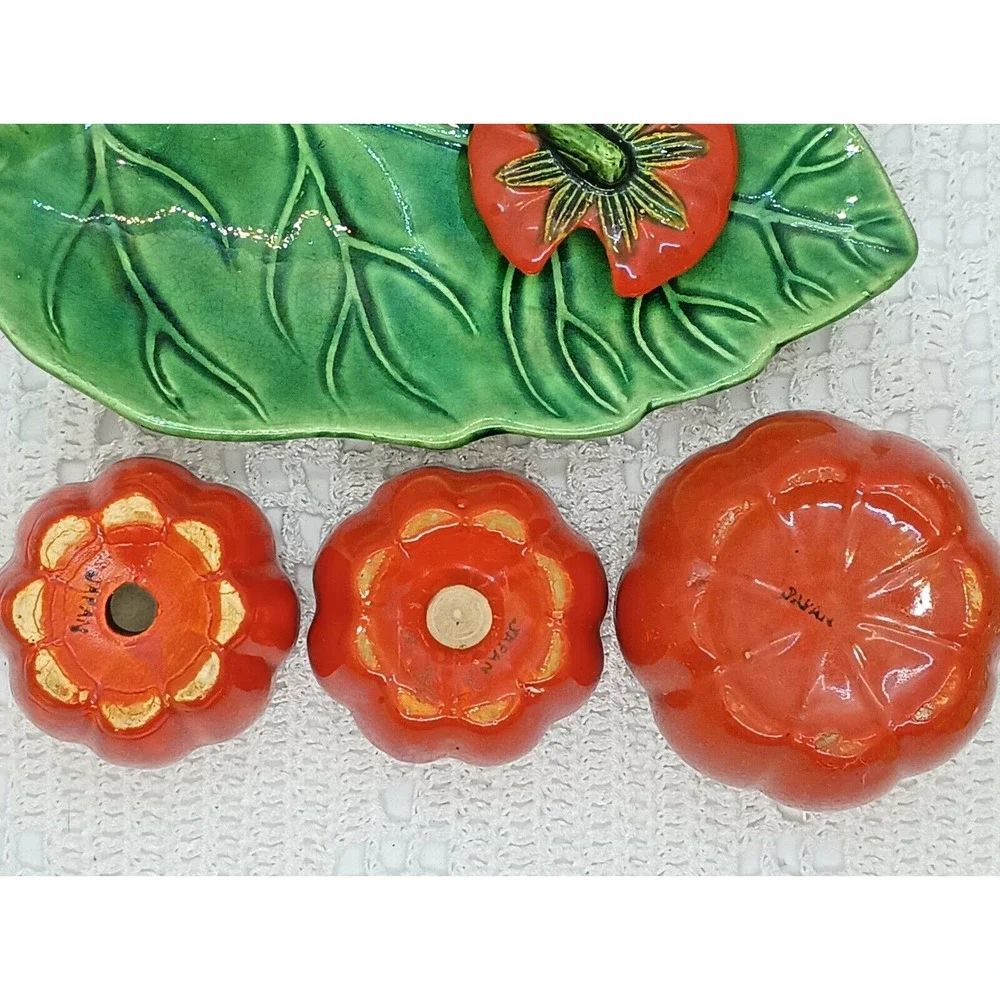 Occupied Japan Tomatoes Salt & Pepper and Condiment Container Leaf Tray Vintage